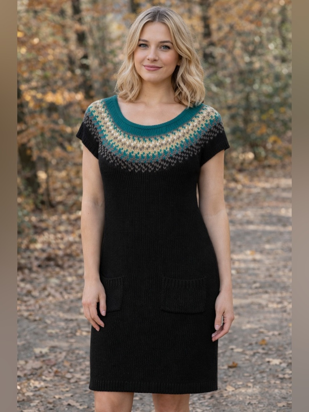 Decree Black Knit Scoop Neck Sweater Dress with Teal Fair Isle Yoke size medium